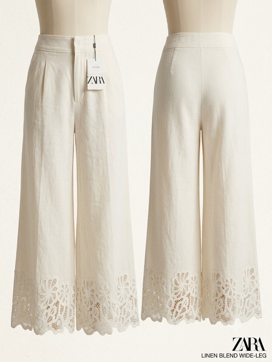 Zara Pants - ZARA Women Beige Solid Wide-Leg Pants High Rise Lace Hem Pockets Zip Button M